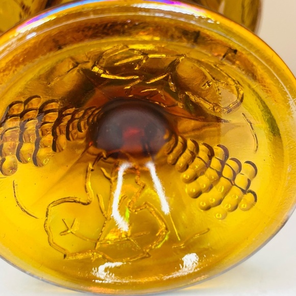 CARNIVAL GLASS Iridescent Marigold | Harvest Grape Pattern Pedestal Bowl - Picture 10 of 10